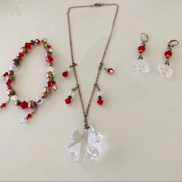 Necklace set of red white Swarovski sterling chain - Picture 5 of 6